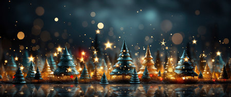Festive holiday background with glittering trees, colorful baubles, and bokeh lights on a snowy nightの素材