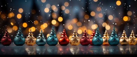 Festive holiday background with glittering trees, colorful baubles, and bokeh lights on a snowy nightの素材