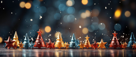 Festive holiday background with glittering trees, colorful baubles, and bokeh lights on a snowy nightの素材