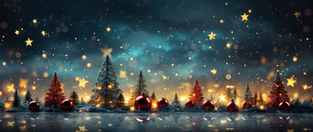 Festive holiday background with glittering trees, colorful baubles, and bokeh lights on a snowy nightの素材