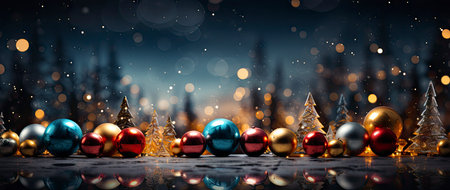 Festive holiday background with glittering trees, colorful baubles, and bokeh lights on a snowy nightの素材