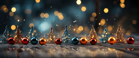 Festive holiday background with glittering trees, colorful baubles, and bokeh lights on a snowy nightの素材