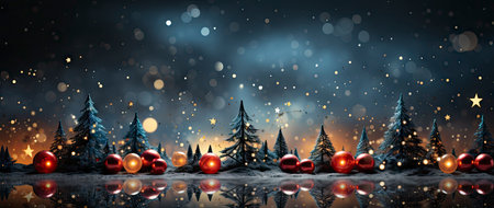 Festive holiday background with glittering trees, colorful baubles, and bokeh lights on a snowy nightの素材