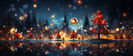 Festive holiday background with glittering trees, colorful baubles, and bokeh lights on a snowy nightの素材