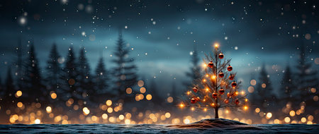 Festive holiday background with glittering trees, colorful baubles, and bokeh lights on a snowy nightの素材
