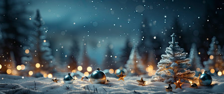 Festive holiday background with glittering trees, colorful baubles, and bokeh lights on a snowy nightの素材