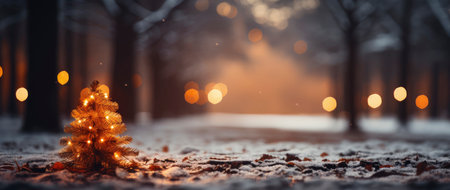 Festive holiday background with glittering trees, colorful baubles, and bokeh lights on a snowy nightの素材