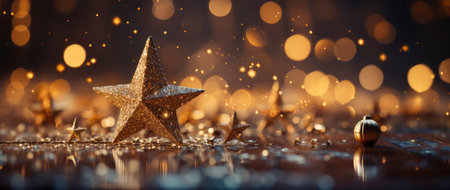 Festive holiday background with glittering trees, colorful baubles, and bokeh lights on a snowy nightの素材