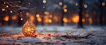 Festive holiday background with glittering trees, colorful baubles, and bokeh lights on a snowy nightの素材