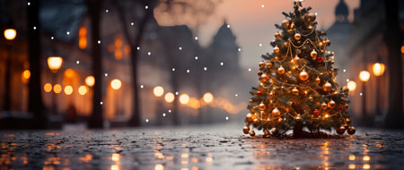 Festive holiday background with glittering trees, colorful baubles, and bokeh lights on a snowy nightの素材