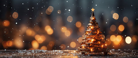 Festive holiday background with glittering trees, colorful baubles, and bokeh lights on a snowy nightの素材