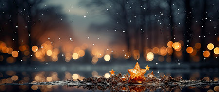 Festive holiday background with glittering trees, colorful baubles, and bokeh lights on a snowy nightの素材