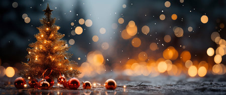 Festive holiday background with glittering trees, colorful baubles, and bokeh lights on a snowy nightの素材