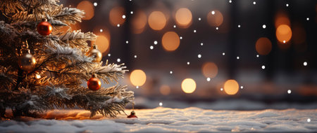 Festive holiday background with glittering trees, colorful baubles, and bokeh lights on a snowy nightの素材