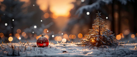 Festive holiday background with glittering trees, colorful baubles, and bokeh lights on a snowy nightの素材