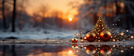 Festive holiday background with glittering trees, colorful baubles, and bokeh lights on a snowy nightの素材