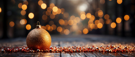 Festive holiday background with glittering trees, colorful baubles, and bokeh lights on a snowy nightの素材