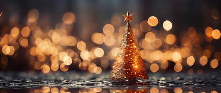Festive holiday background with glittering trees, colorful baubles, and bokeh lights on a snowy nightの素材
