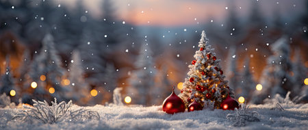 Festive holiday background with glittering trees, colorful baubles, and bokeh lights on a snowy nightの素材