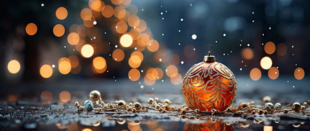 Festive holiday background with glittering trees, colorful baubles, and bokeh lights on a snowy nightの素材