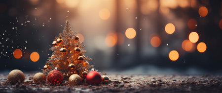 Festive holiday background with glittering trees, colorful baubles, and bokeh lights on a snowy nightの素材