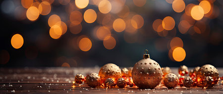 Festive holiday background with glittering trees, colorful baubles, and bokeh lights on a snowy nightの素材