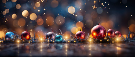 Festive holiday background with glittering trees, colorful baubles, and bokeh lights on a snowy nightの素材