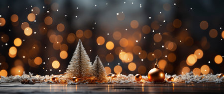Festive holiday background with glittering trees, colorful baubles, and bokeh lights on a snowy nightの素材
