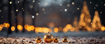 Festive holiday background with glittering trees, colorful baubles, and bokeh lights on a snowy nightの素材