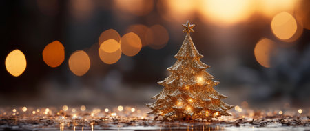 Festive holiday background with glittering trees, colorful baubles, and bokeh lights on a snowy nightの素材