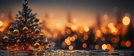 Festive holiday background with glittering trees, colorful baubles, and bokeh lights on a snowy nightの素材