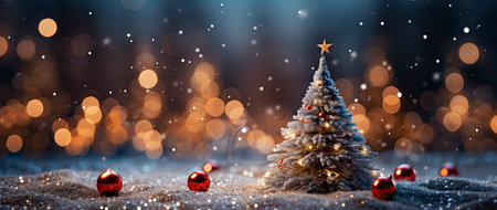 Festive holiday background with glittering trees, colorful baubles, and bokeh lights on a snowy nightの素材