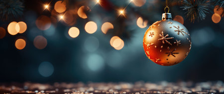 Festive holiday background with glittering trees, colorful baubles, and bokeh lights on a snowy nightの素材