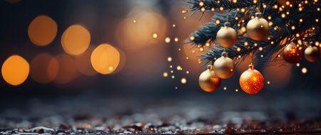 Festive holiday background with glittering trees, colorful baubles, and bokeh lights on a snowy nightの素材