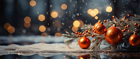 Festive holiday background with glittering trees, colorful baubles, and bokeh lights on a snowy nightの素材