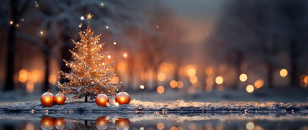 Festive holiday background with glittering trees, colorful baubles, and bokeh lights on a snowy nightの素材