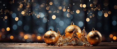 Festive holiday background with glittering trees, colorful baubles, and bokeh lights on a snowy nightの素材