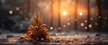 Festive holiday background with glittering trees, colorful baubles, and bokeh lights on a snowy nightの素材