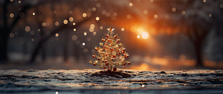 Festive holiday background with glittering trees, colorful baubles, and bokeh lights on a snowy nightの素材