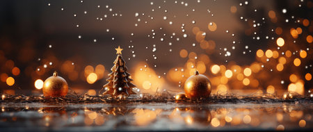 Festive holiday background with glittering trees, colorful baubles, and bokeh lights on a snowy nightの素材