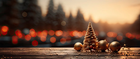 Festive holiday background with glittering trees, colorful baubles, and bokeh lights on a snowy nightの素材