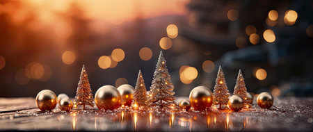 Festive holiday background with glittering trees, colorful baubles, and bokeh lights on a snowy nightの素材