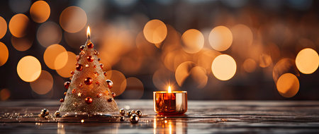 Festive holiday background with glittering trees, colorful baubles, and bokeh lights on a snowy nightの素材