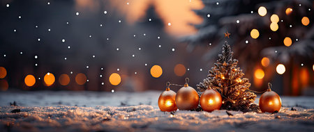 Festive holiday background with glittering trees, colorful baubles, and bokeh lights on a snowy nightの素材