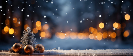 Golden Christmas tree with glowing baubles, shimmering lights, and snowflakes on a magical winter nightの素材