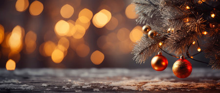 Golden Christmas tree with glowing baubles, shimmering lights, and snowflakes on a magical winter nightの素材