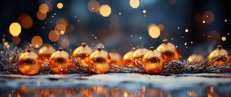 Golden Christmas tree with glowing baubles, shimmering lights, and snowflakes on a magical winter nightの素材