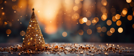 Golden Christmas tree with glowing baubles, shimmering lights, and snowflakes on a magical winter nightの素材