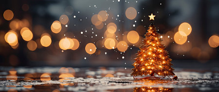 Golden Christmas tree with glowing baubles, shimmering lights, and snowflakes on a magical winter nightの素材