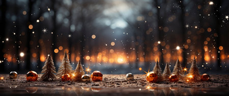 Golden Christmas tree with glowing baubles, shimmering lights, and snowflakes on a magical winter nightの素材